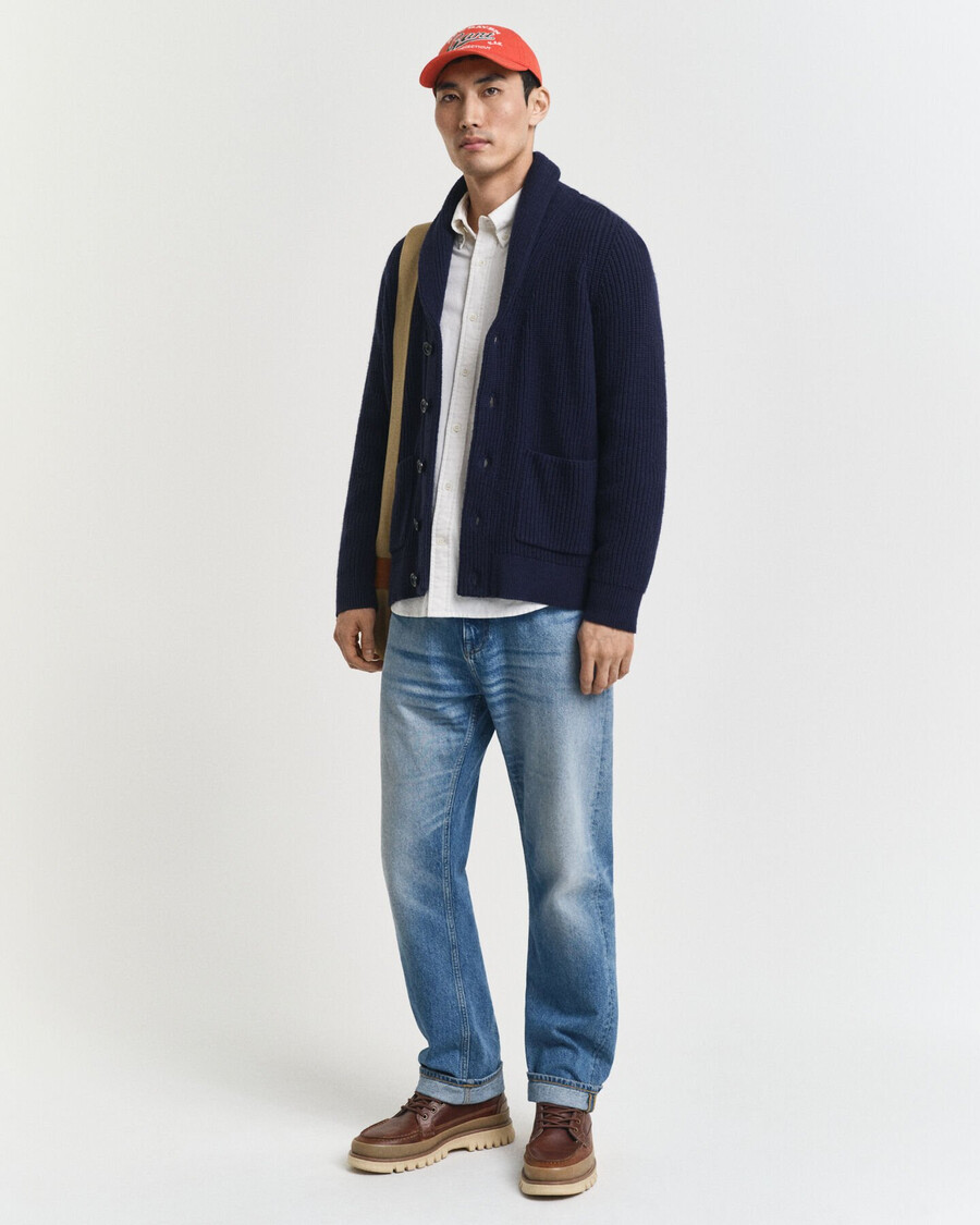 wool blend shawl collar cardigan - evening blue