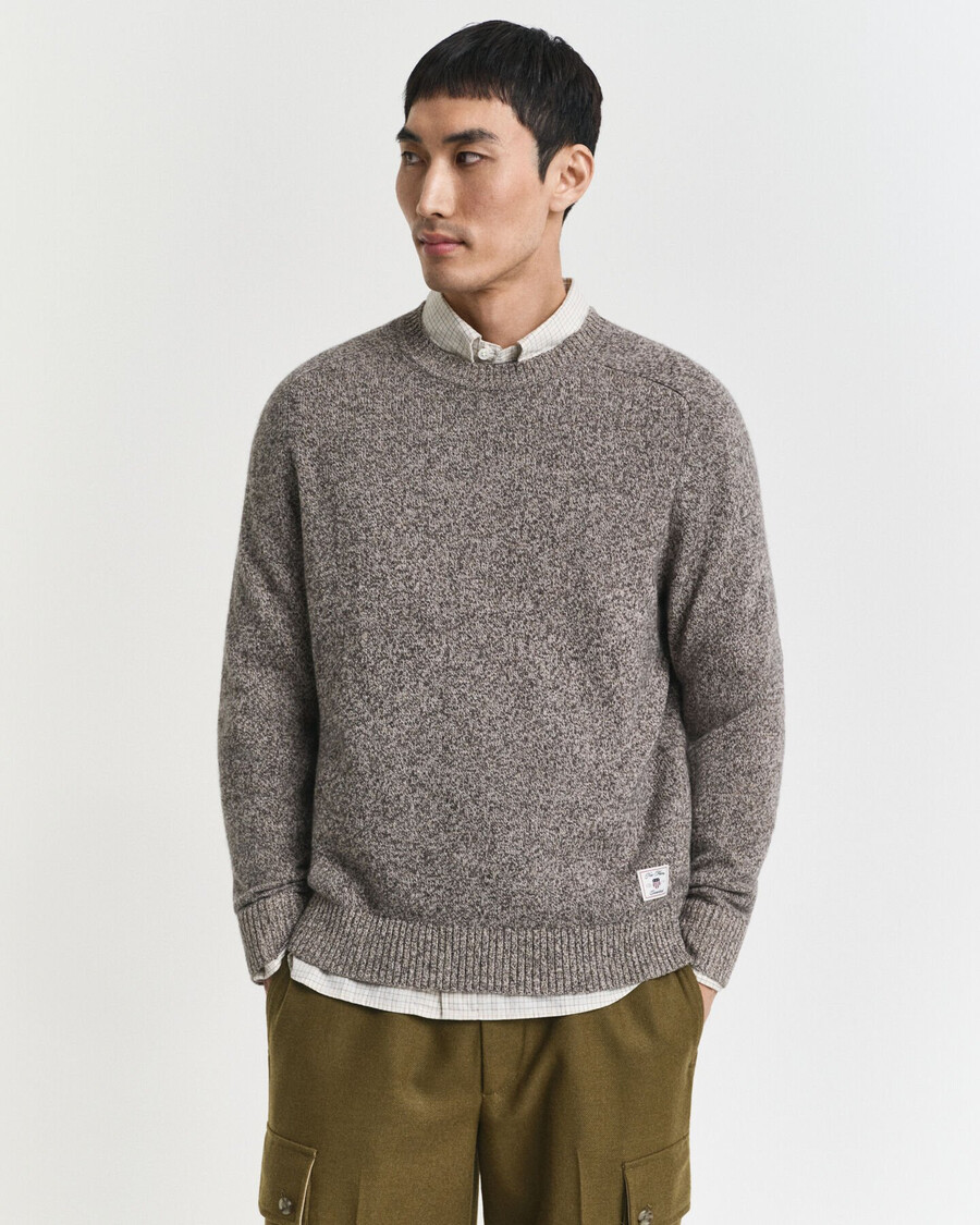 wool blend mouliné crew neck sweater - brown melange