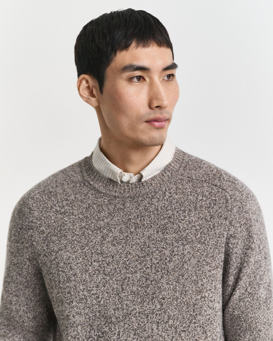 wool blend mouliné crew neck sweater - brown melange