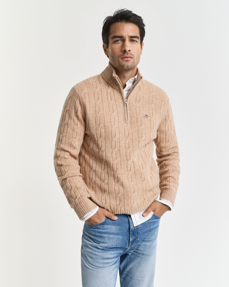 lambswool cable knit halfzip sweater - khaki melange
