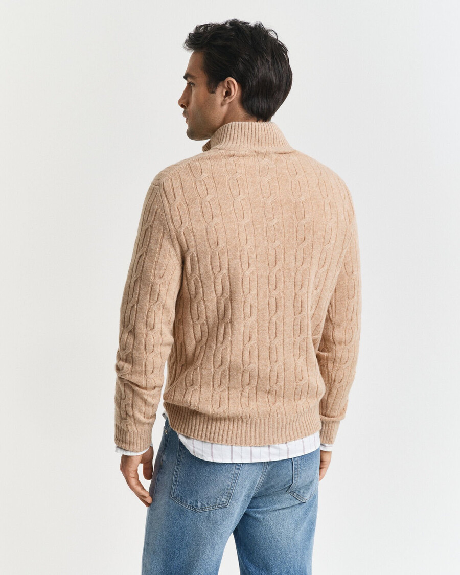 lambswool cable knit halfzip sweater - khaki melange