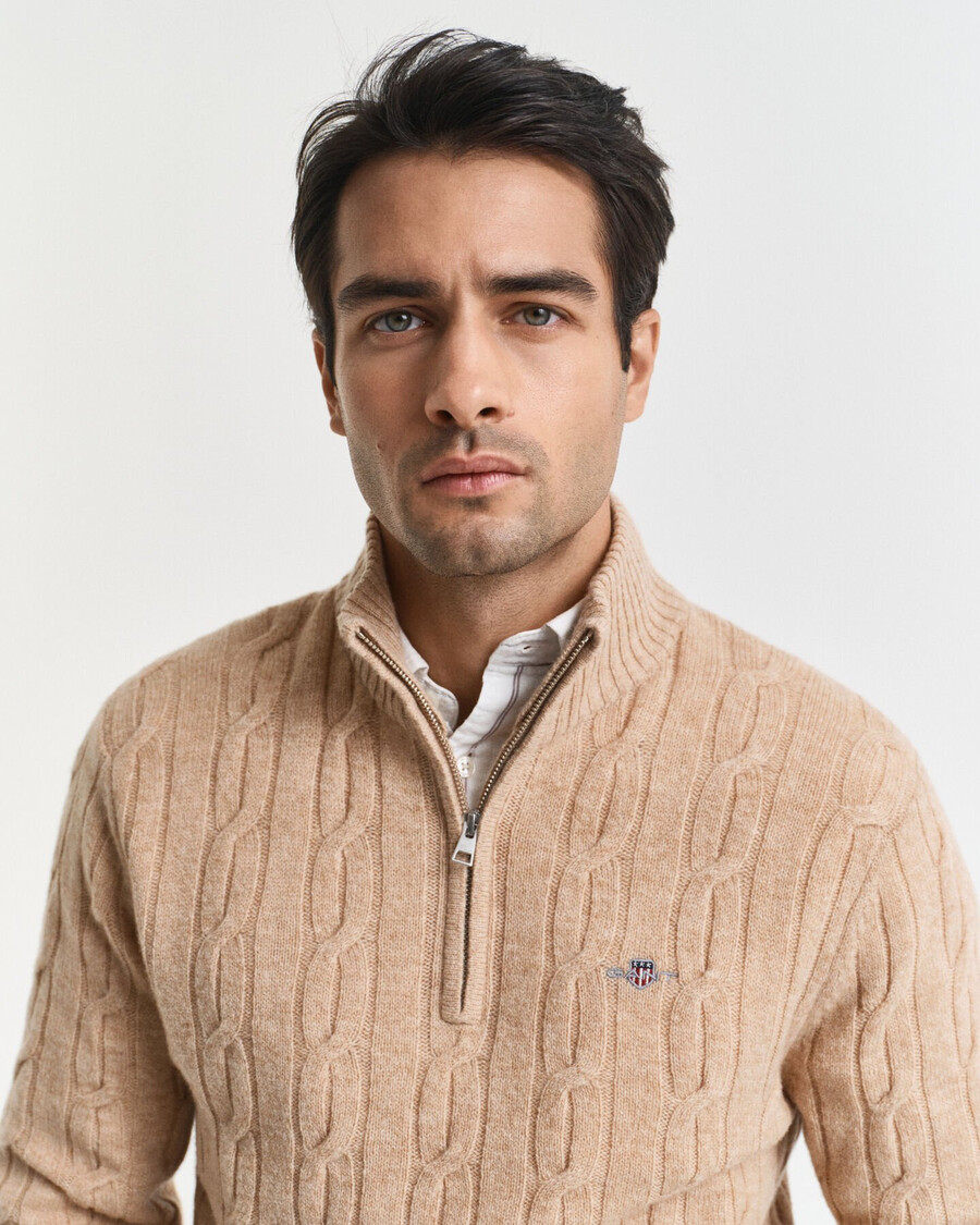 lambswool cable knit halfzip sweater - khaki melange