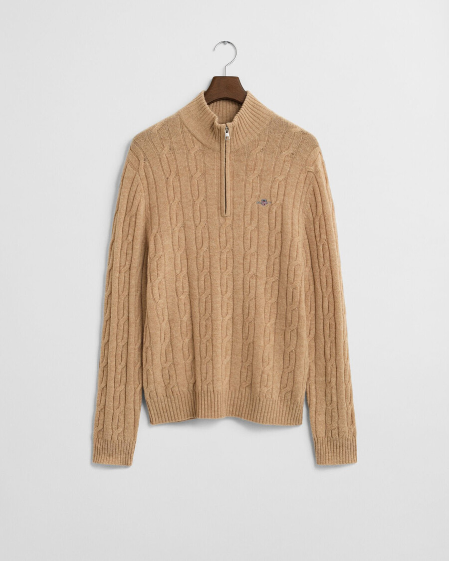 lambswool cable knit halfzip sweater - khaki melange