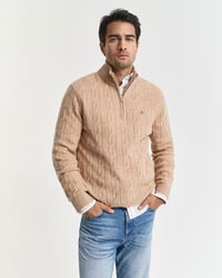 lambswool cable knit halfzip sweater - khaki melange