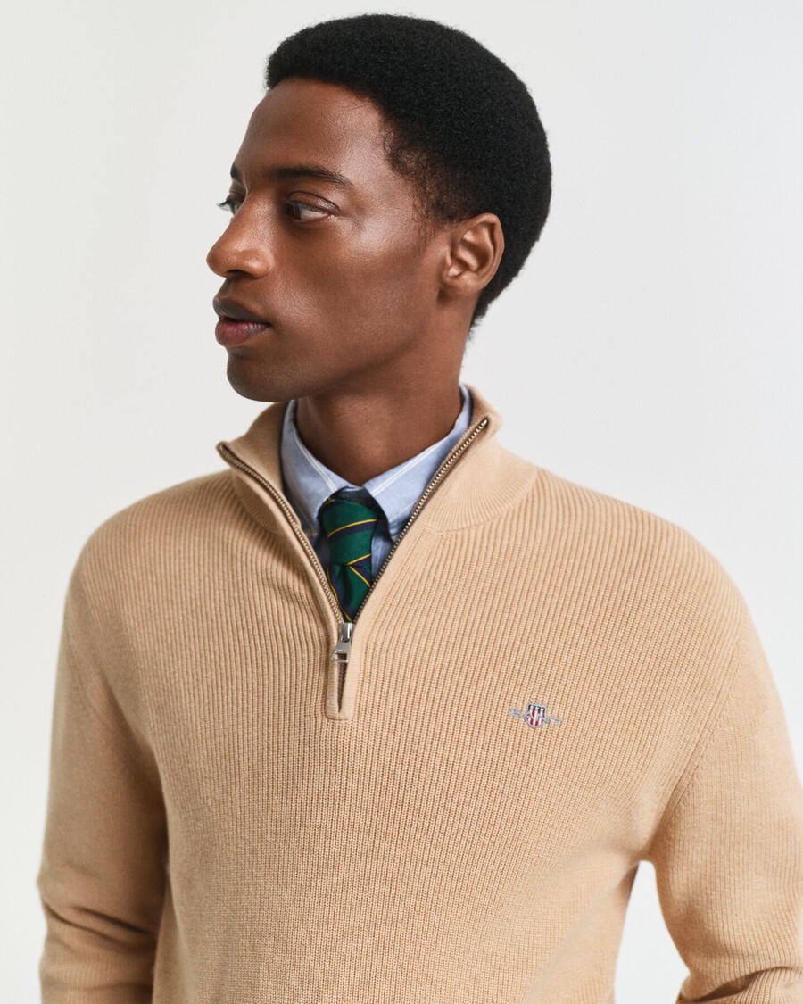 ribbed cotton merino wool halfzip sweater - khaki melange
