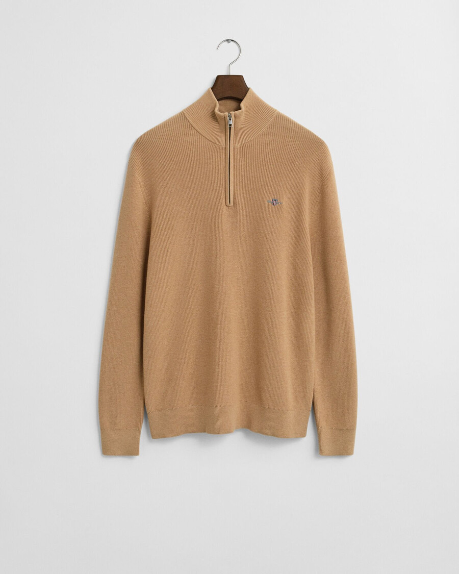 ribbed cotton merino wool halfzip sweater - khaki melange