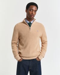ribbed cotton merino wool halfzip sweater - khaki melange