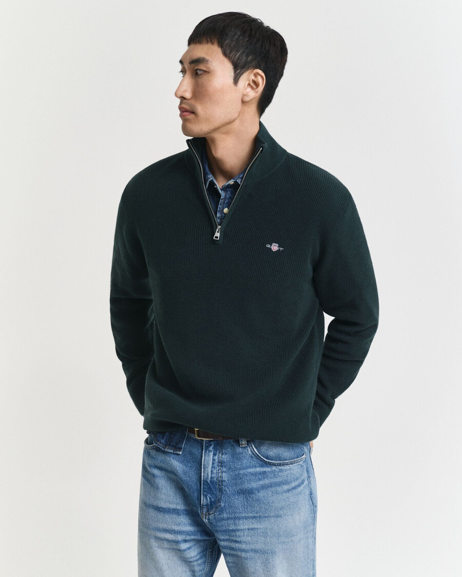 ribbed cotton merino wool halfzip sweater - tartan green