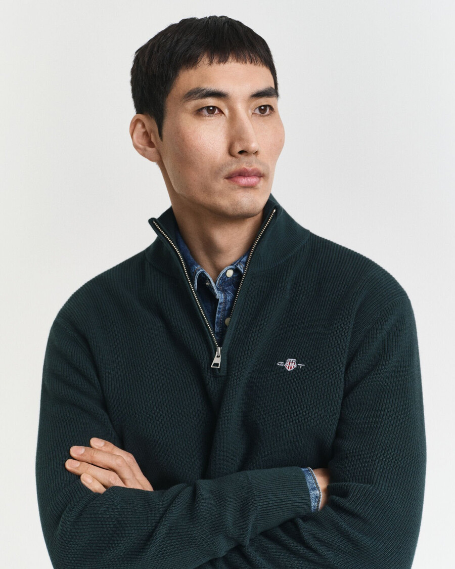 ribbed cotton merino wool halfzip sweater - tartan green
