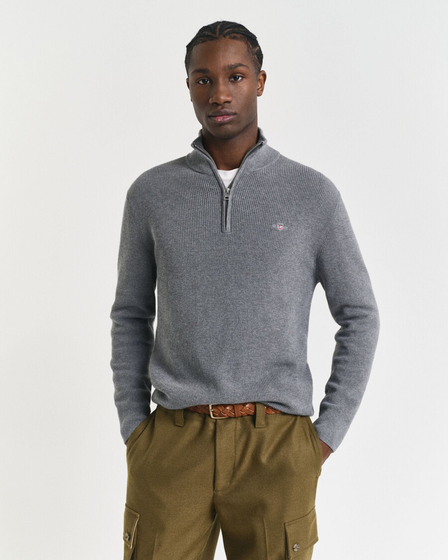 ribbed cotton merino wool halfzip sweater - dark grey melange