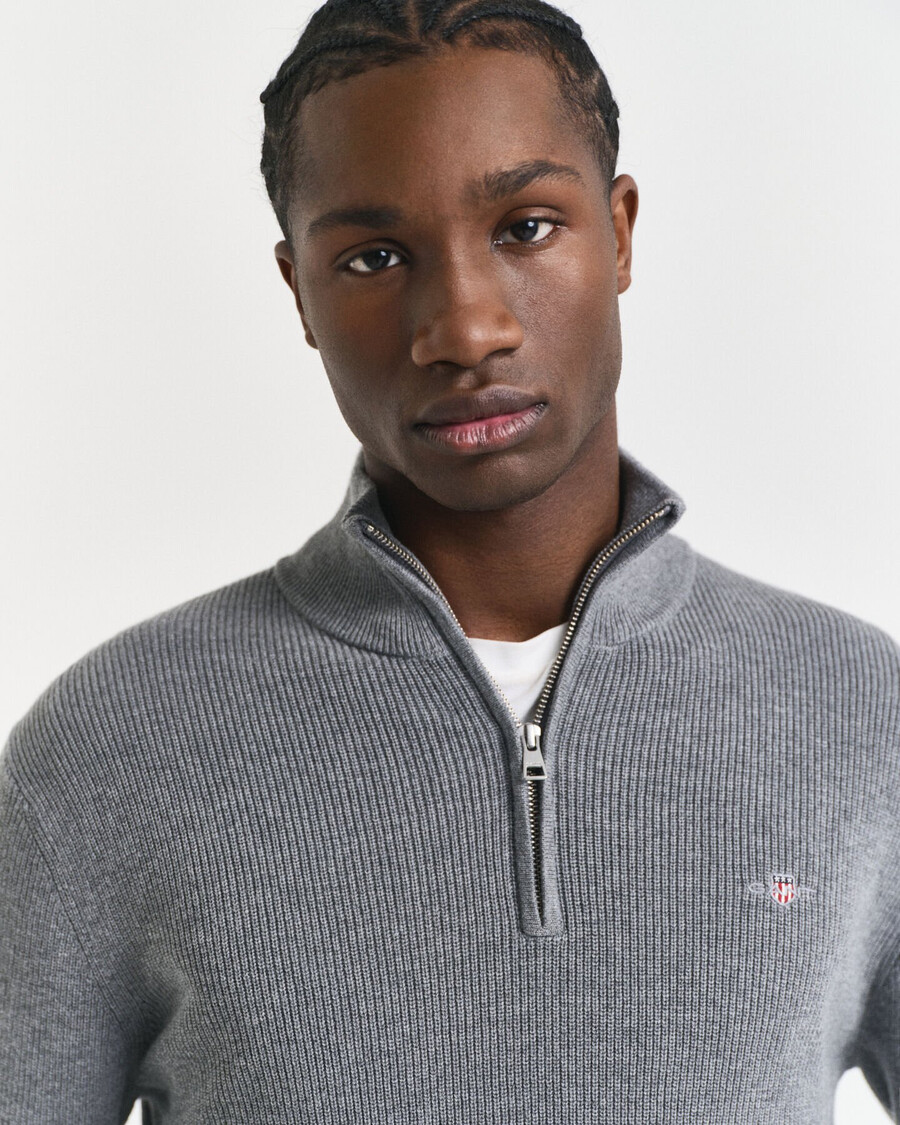 ribbed cotton merino wool halfzip sweater - dark grey melange