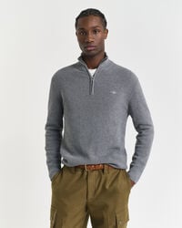 ribbed cotton merino wool halfzip sweater - dark grey melange