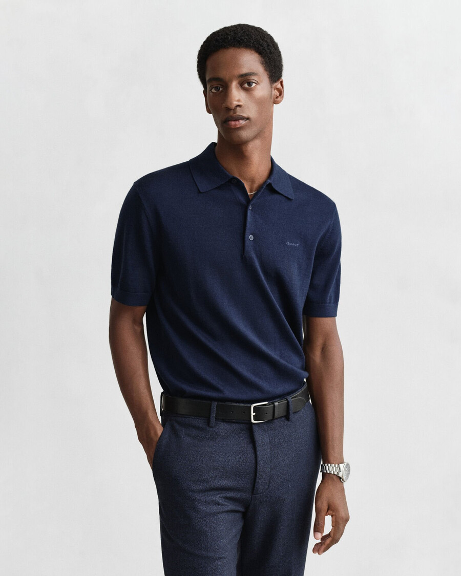 extra fine merino wool short sleeve polo sweater - marine