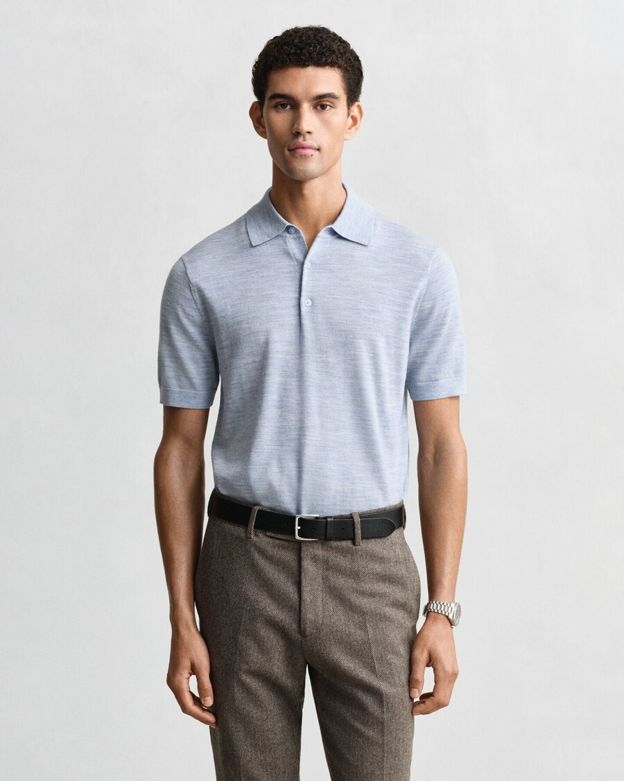 extra fine merino wool short sleeve polo sweater - light blue melange