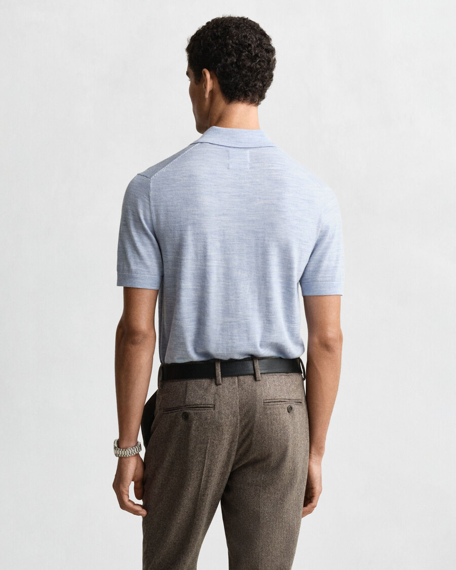 extra fine merino wool short sleeve polo sweater - light blue melange