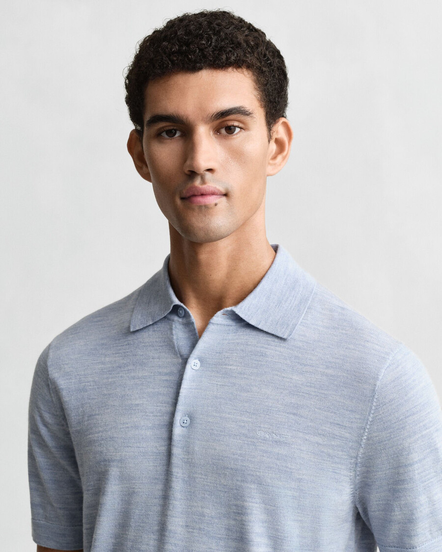 extra fine merino wool short sleeve polo sweater - light blue melange