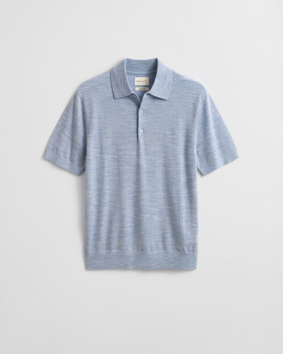 extra fine merino wool short sleeve polo sweater - light blue melange
