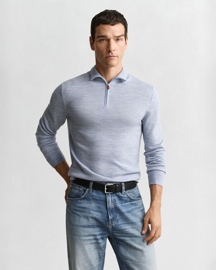 extra fine merino wool halfzip sweater - light blue melange