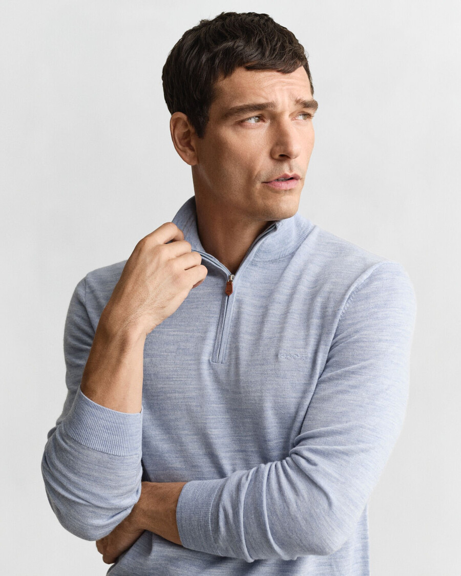extra fine merino wool halfzip sweater - light blue melange