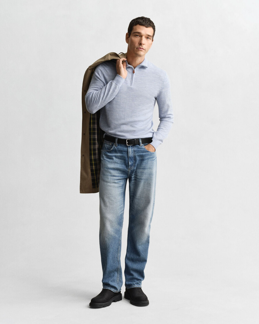 extra fine merino wool halfzip sweater - light blue melange