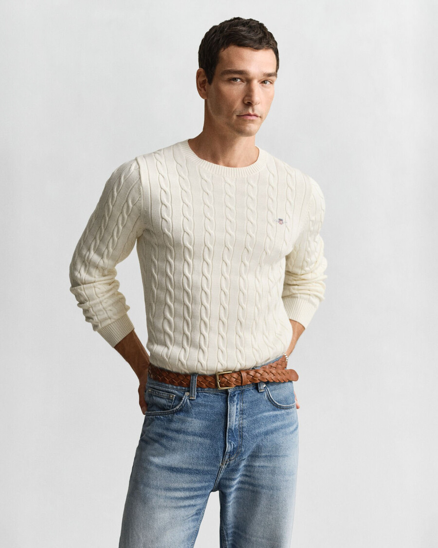 cotton cable knit crew neck sweater - cream