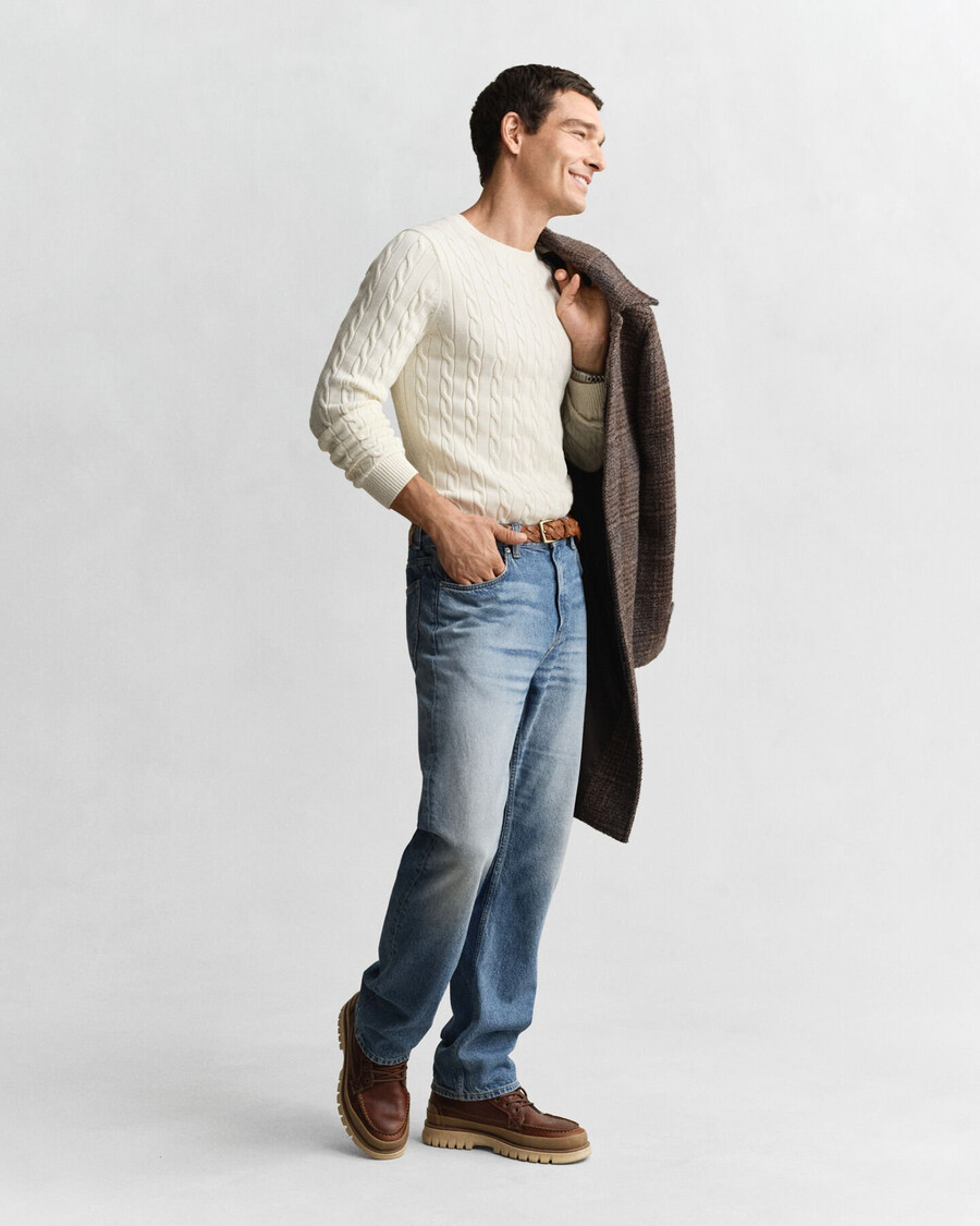 cotton cable knit crew neck sweater - cream