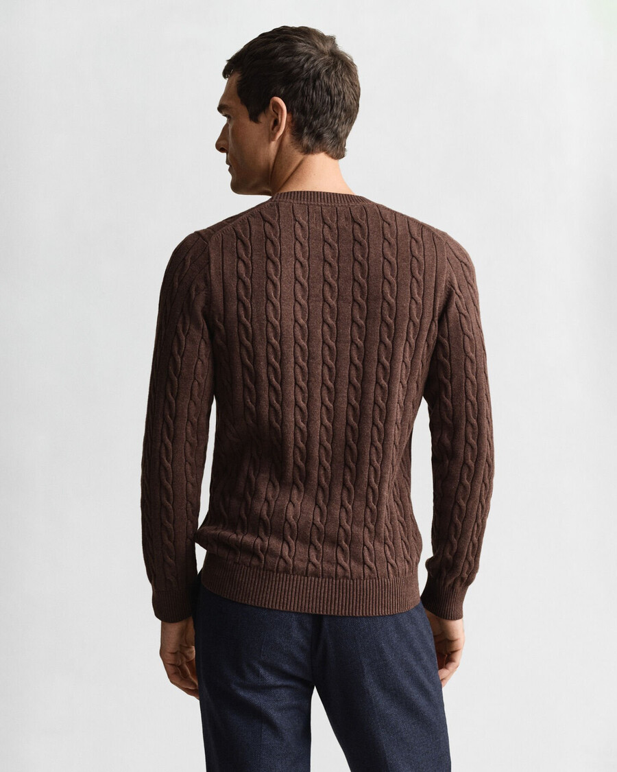 cotton cable knit crew neck sweater - brown melange
