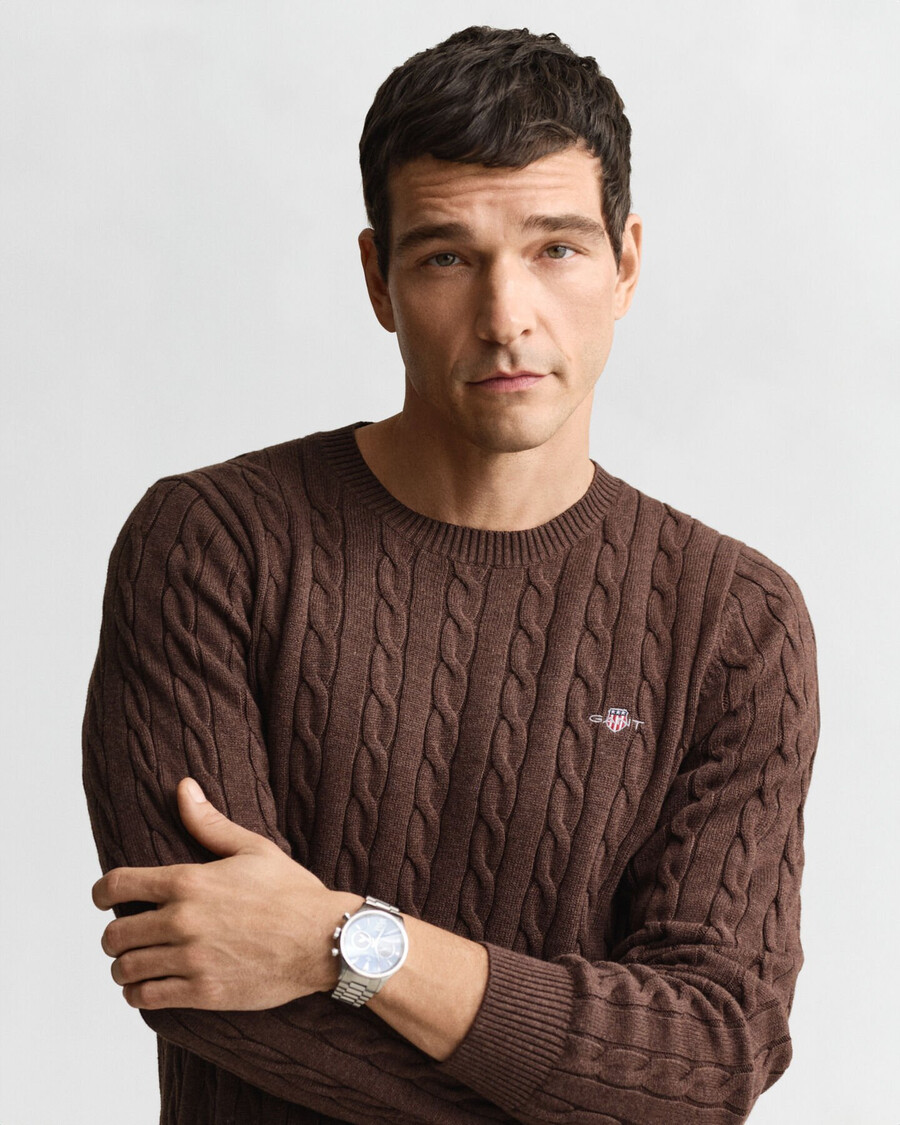 cotton cable knit crew neck sweater - brown melange