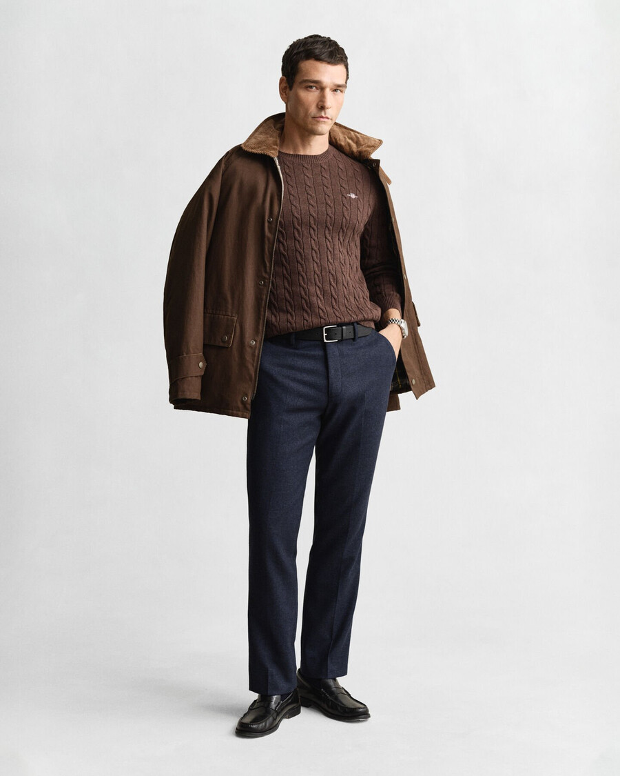 cotton cable knit crew neck sweater - brown melange