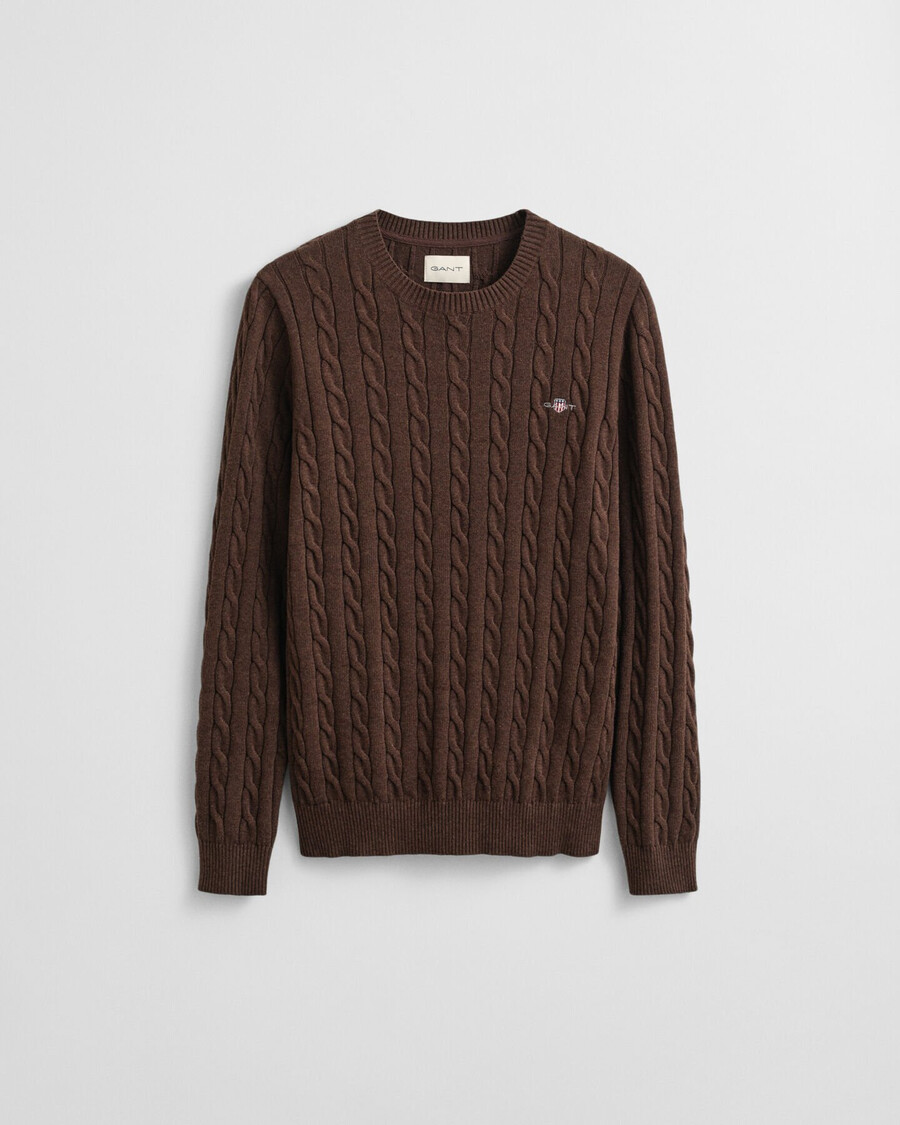 cotton cable knit crew neck sweater - brown melange