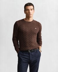 cotton cable knit crew neck sweater - brown melange