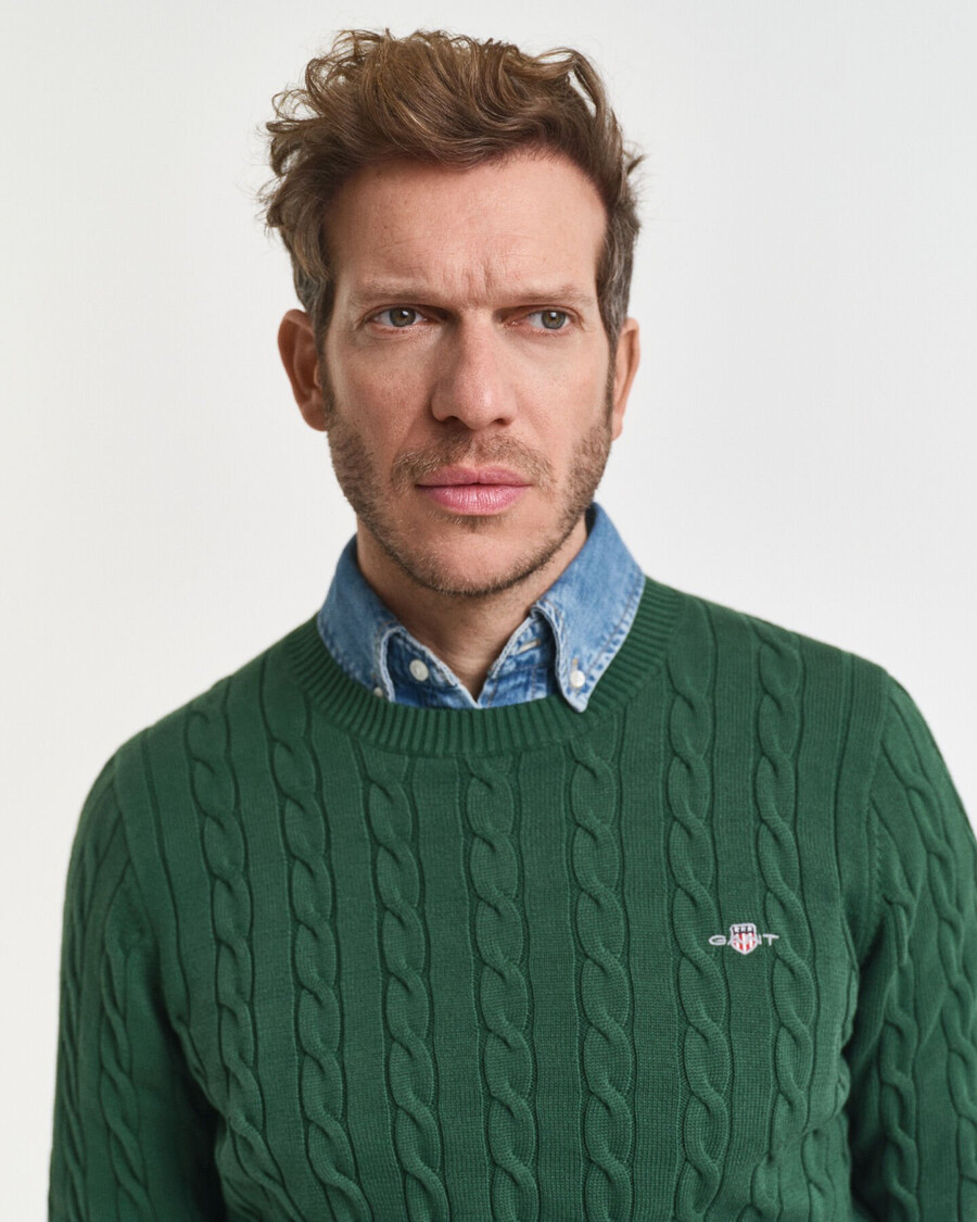 cotton cable knit crew neck sweater - forest green