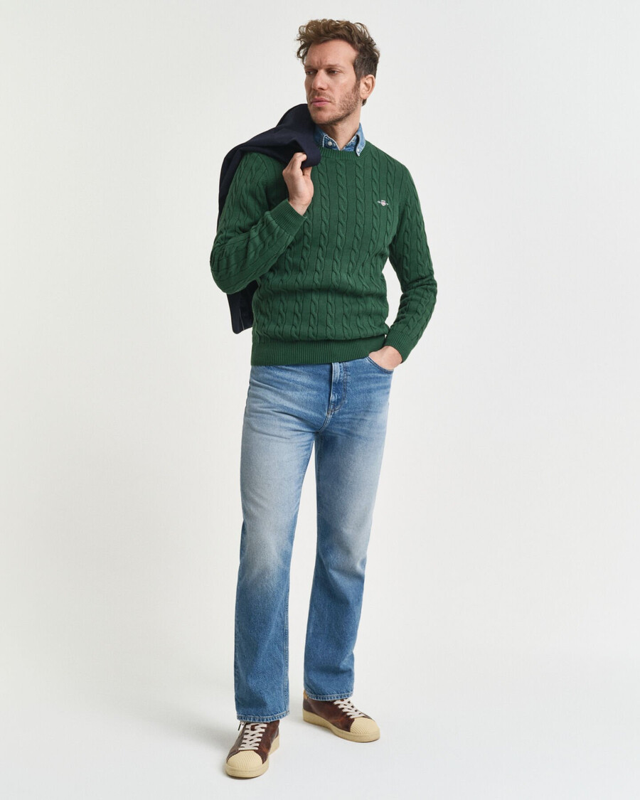 cotton cable knit crew neck sweater - forest green