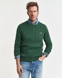 cotton cable knit crew neck sweater - forest green