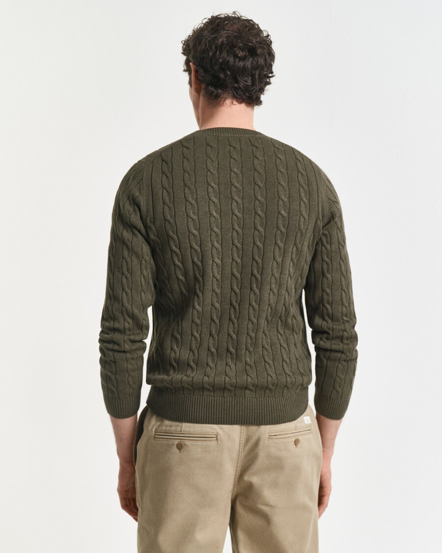 cotton cable knit crew neck sweater - khaki green melange