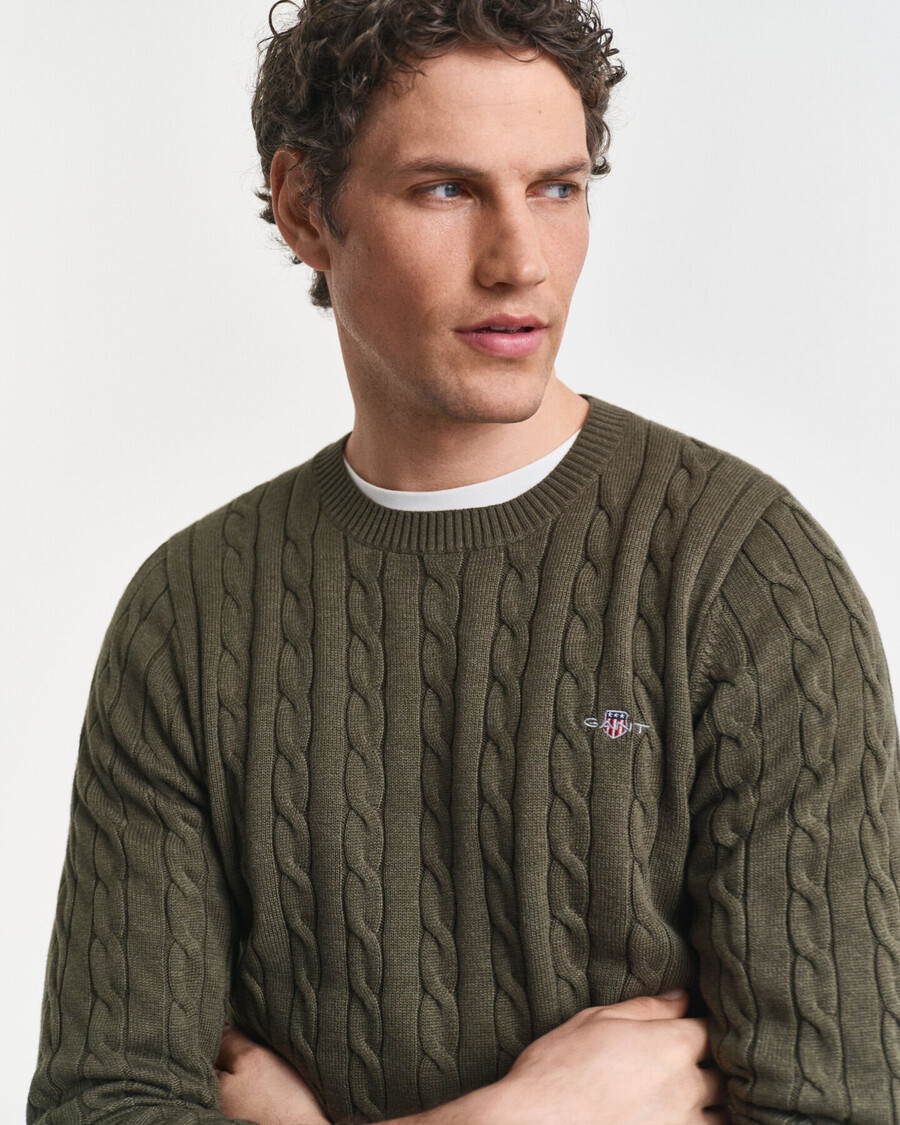 cotton cable knit crew neck sweater - khaki green melange