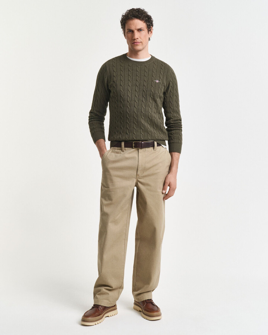 cotton cable knit crew neck sweater - khaki green melange