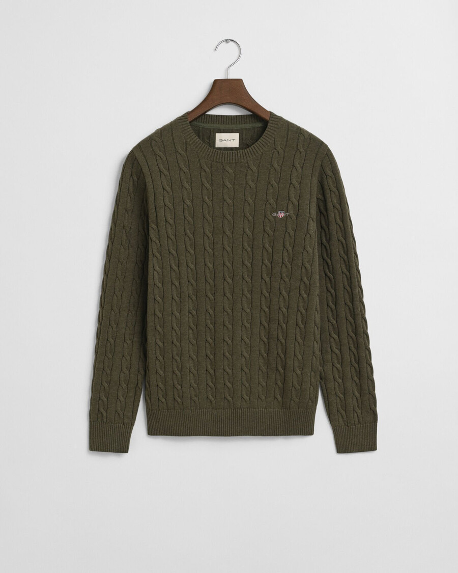 cotton cable knit crew neck sweater - khaki green melange
