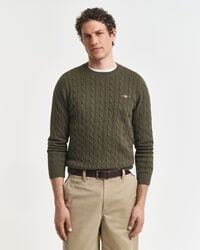 cotton cable knit crew neck sweater - khaki green melange