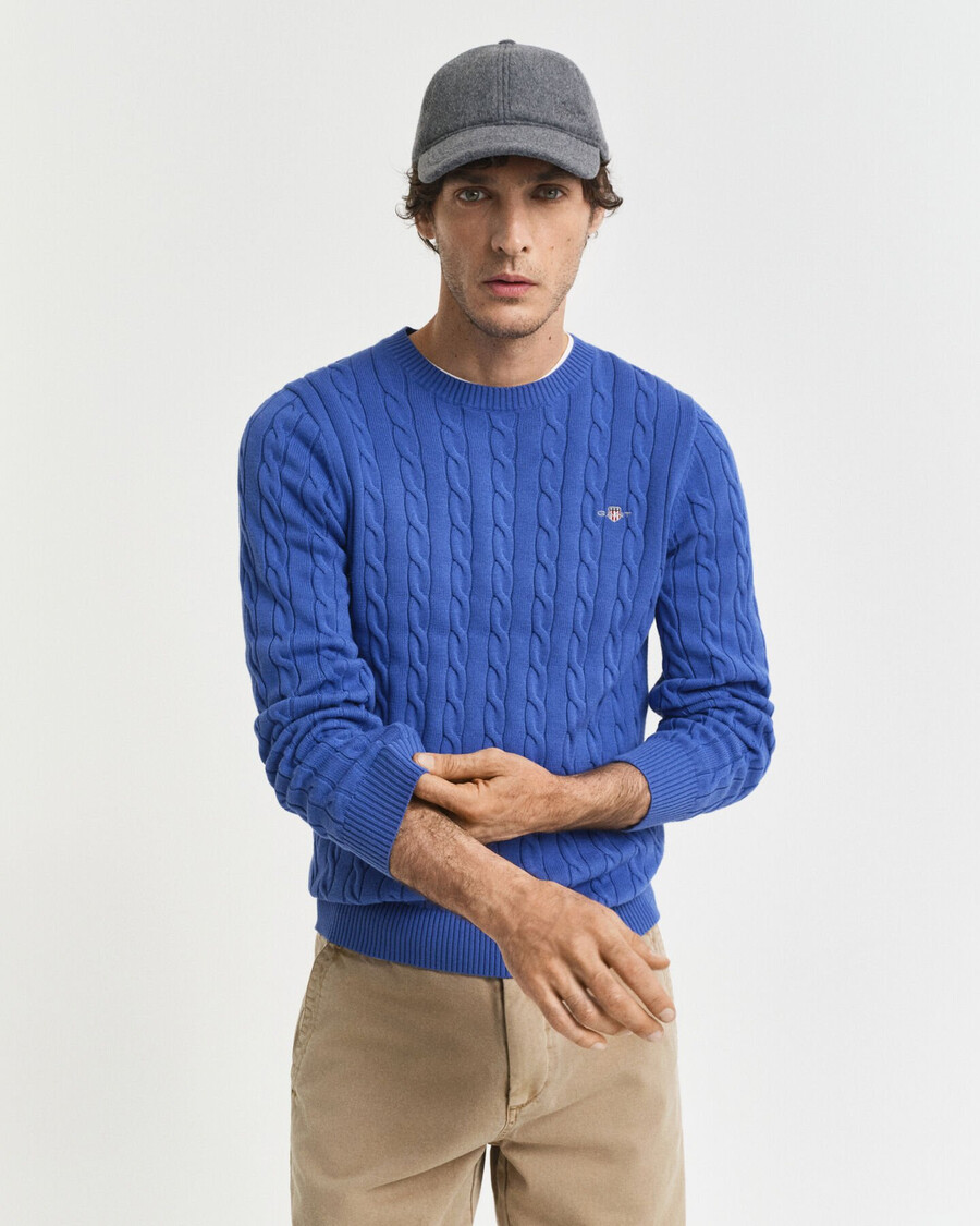 cotton cable knit crew neck sweater - rich blue