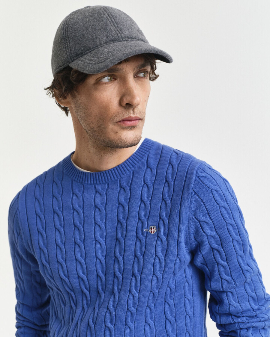 cotton cable knit crew neck sweater - rich blue