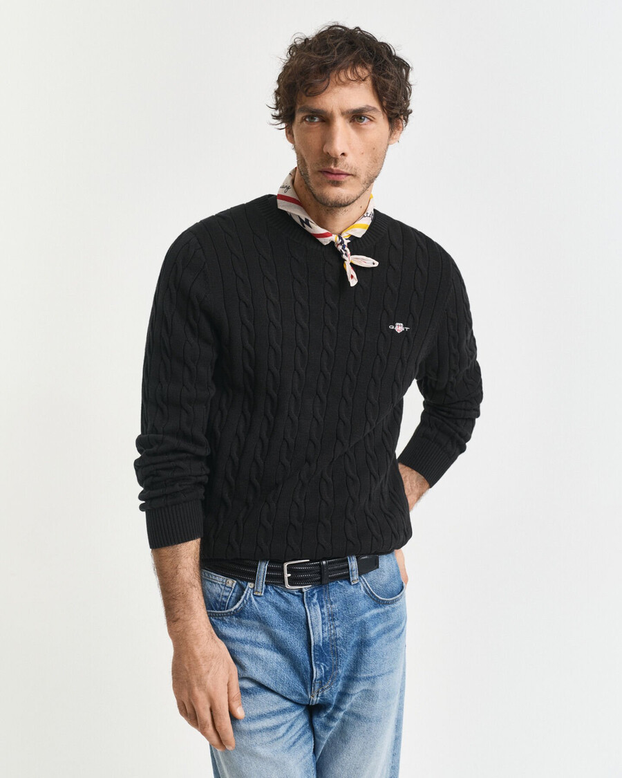 cotton cable knit crew neck sweater - black