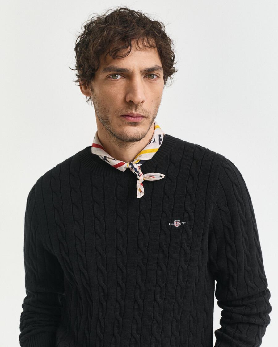 cotton cable knit crew neck sweater - black