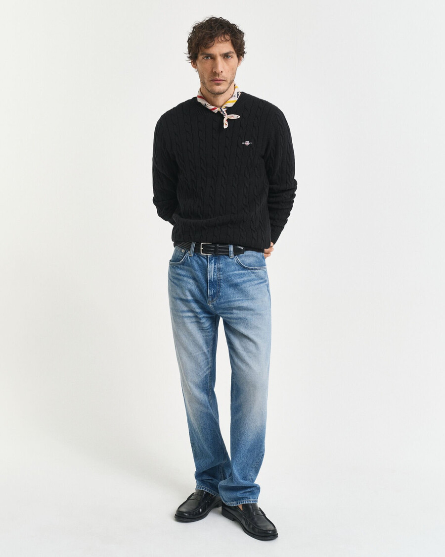 cotton cable knit crew neck sweater - black