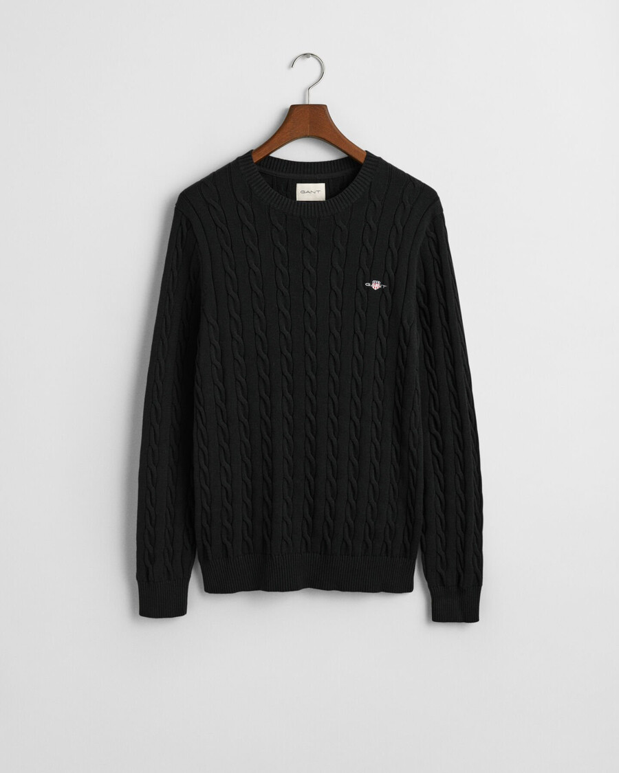 cotton cable knit crew neck sweater - black