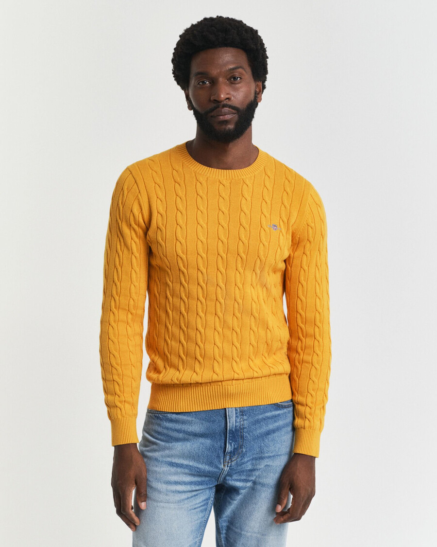 cotton cable knit crew neck sweater - yellow lichen
