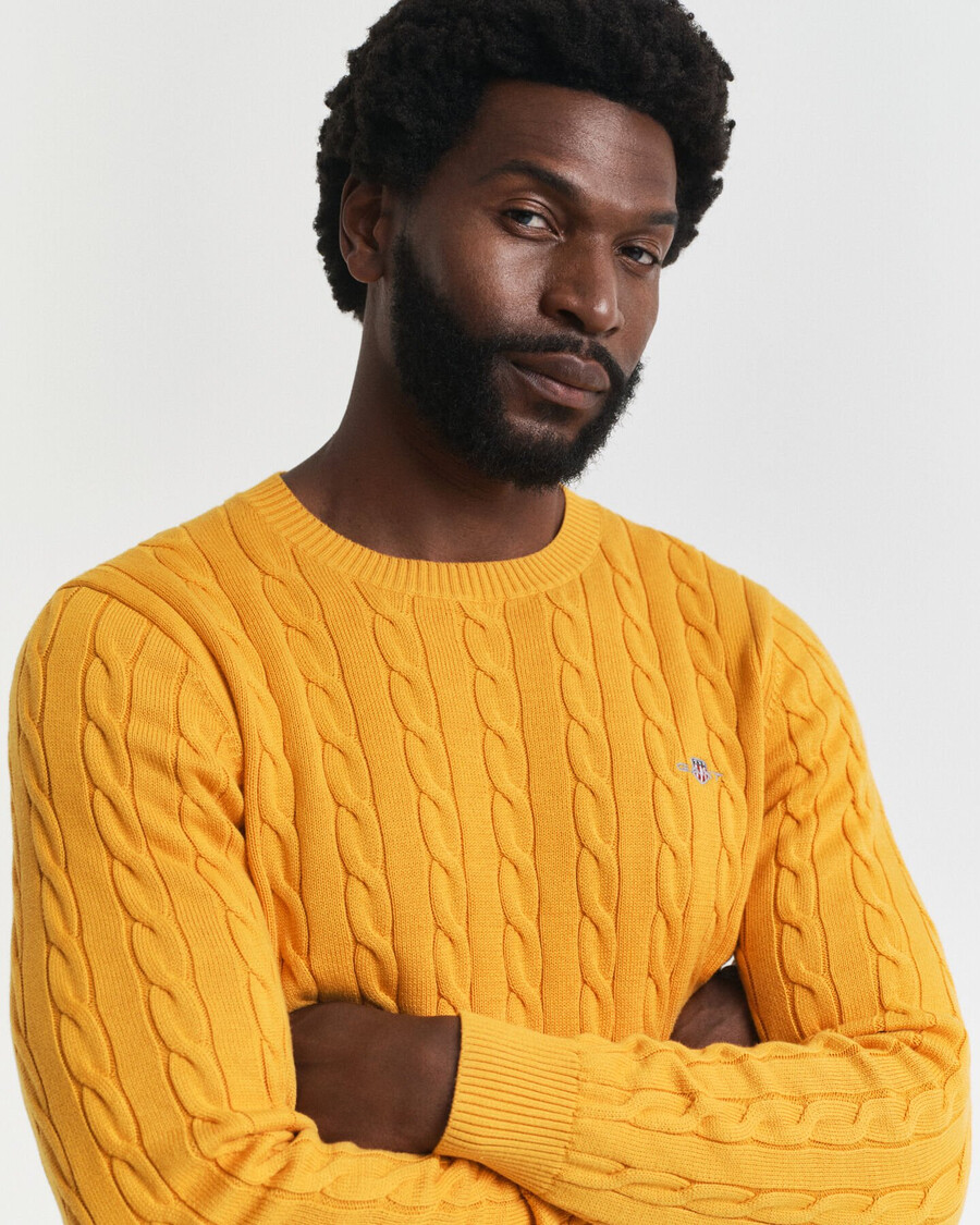 cotton cable knit crew neck sweater - yellow lichen