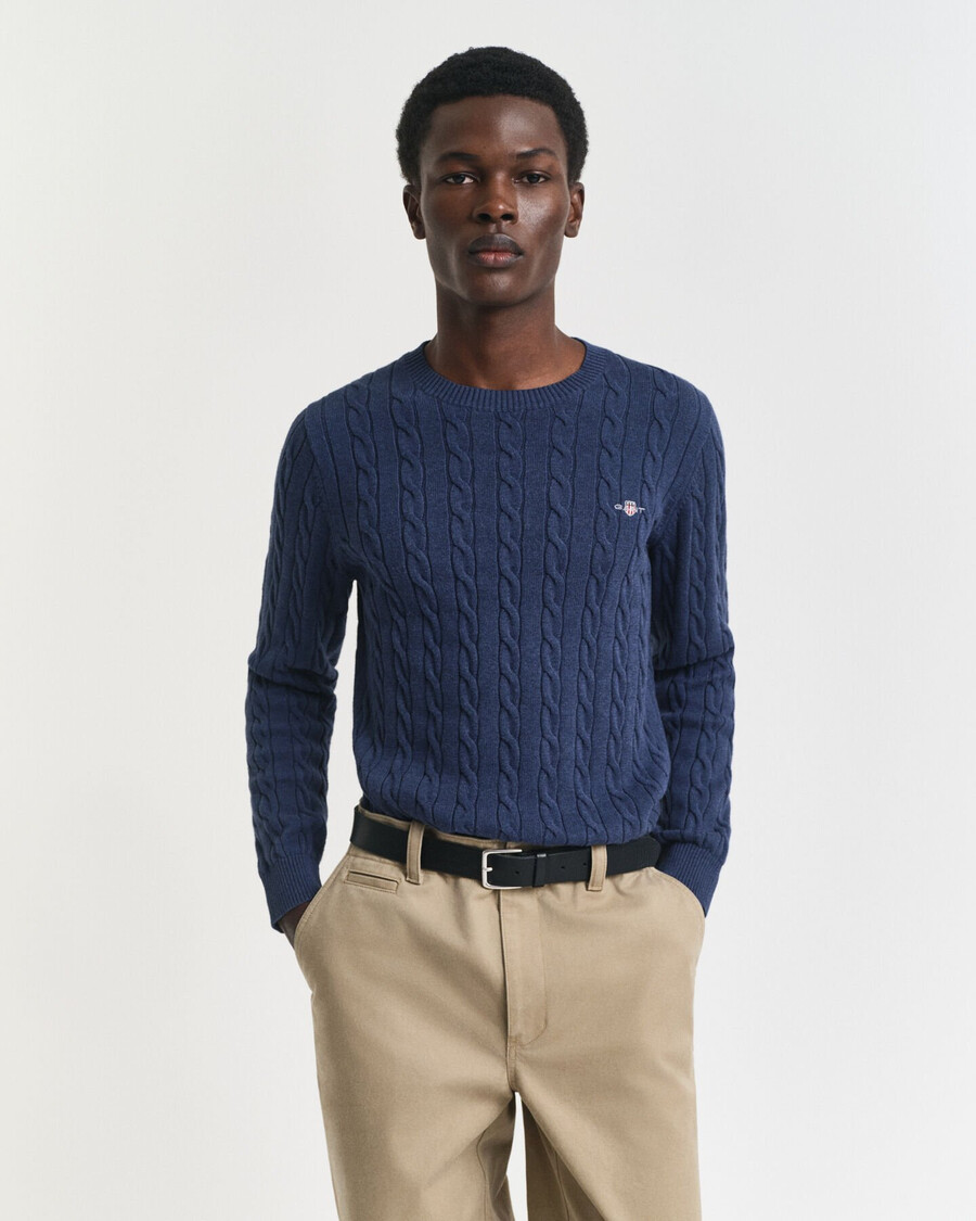 cotton cable knit crew neck sweater - dk jeansblue melange