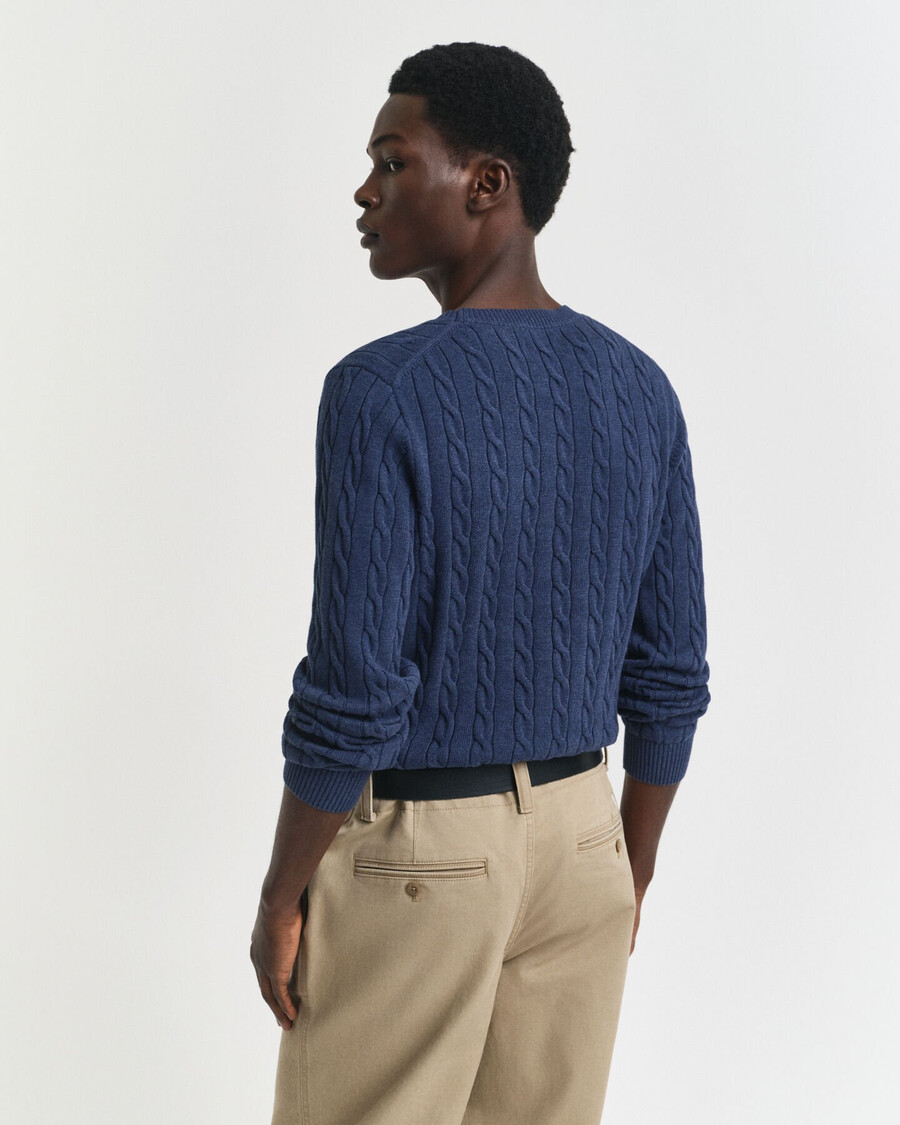 cotton cable knit crew neck sweater - dk jeansblue melange