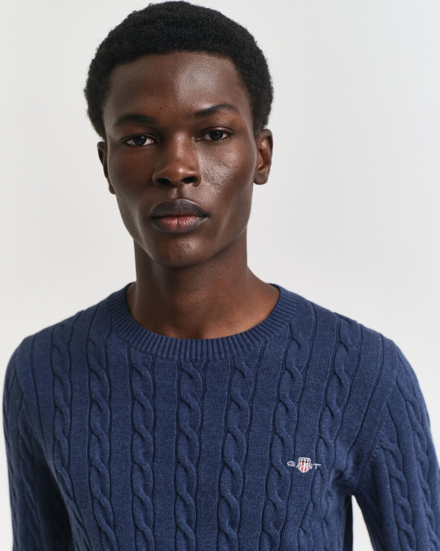 cotton cable knit crew neck sweater - dk jeansblue melange